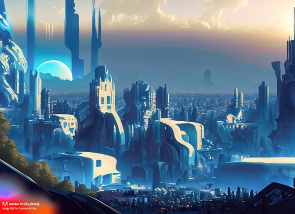 Firefly Futuristic+city with a lot of blue and white colors Early evening Landscape view from a nearby hill art 1721