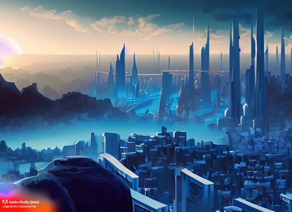 Firefly Futuristic+city with a lot of blue and white colors Early evening Landscape view from a nearby hill art 20132