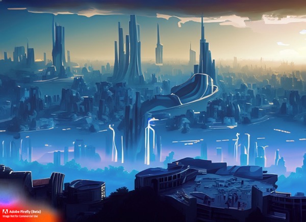 Firefly Futuristic+city with a lot of blue and white colors Early evening Landscape view from a nearby hill art 77150